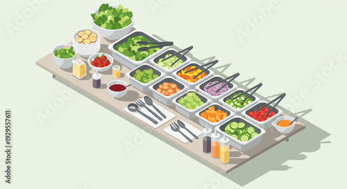 A colourful illustration of a salad bar offers a variety of fresh ingredients, including leafy greens, sliced vegetables, toppings, and dressings, creating a vibrant and healthy eating scene.