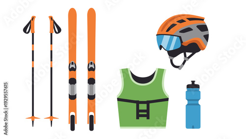 set of ski equipment with hand drawn helmet vest poles water bottle in flat style
