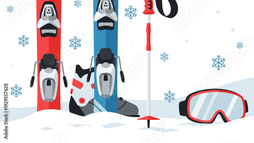 ski equipment set including skis boots poles and goggles in hand drawn style winter sports illustration
