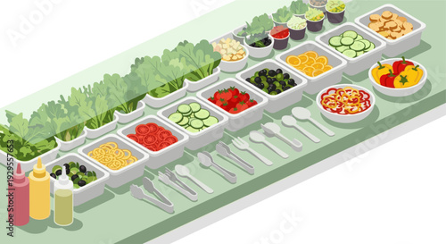 An isometric illustration of a salad bar showcasing fresh vegetables, salad toppings, greens, tomatoes, cucumbers, olives and condiments, perfect for healthy eating or buffet concepts.