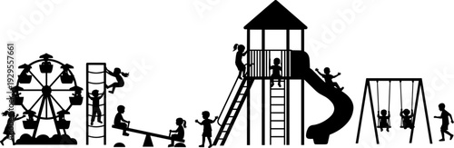 Children playground silhouette set, kids playing on slide swings seesaw and ferris wheel isolated, park activity, flat vector illustration