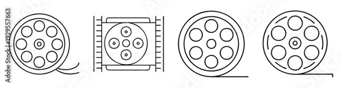 Outline illustration showcasing diverse film reel styles and forms with film strip