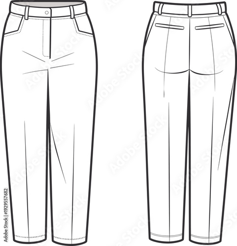 Women pants front and back view technical drawing isolated on white background, fashion vector template