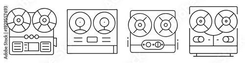 Four vintage tape recorders, outlined and minimalist for audio recording nostalgia