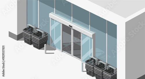 Illustrated isometric shot of shopping baskets stacked at a supermarket entrance with automatic doors. Use to illustrate shopping, retail, or commercial concepts.