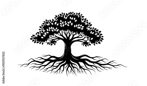 Artistic Black Tree and Spreading Roots Vector Design Element Isolated on White
