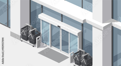 Isometric illustration of shopping baskets on carts waiting by the sliding doors of a modern store or supermarket, rendered in cool grays and whites, conveying cleanliness and readiness.