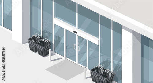 Illustration shows stacked gray shopping baskets outside a store's automatic glass doors, suggesting commerce and retail activity in a modern, minimal setting.