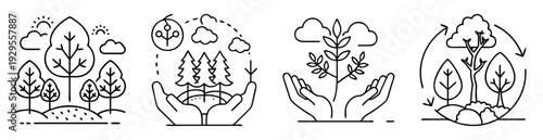 Four icons depict nature related concepts of ecology and reforestation in simple lines