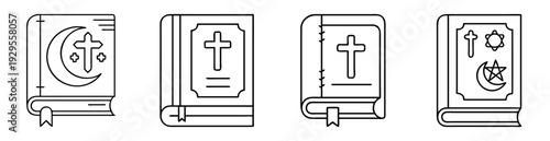 line art drawings illustrating different religions and their sacred books icons