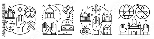 Stylized line art design depicting various aspects of world religions