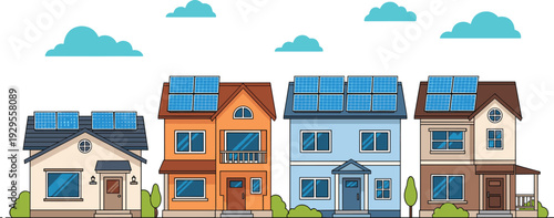 Row of residential houses with rooftop solar panels showcasing renewable energy, sustainable living, eco friendly architecture, and modern neighborhood design