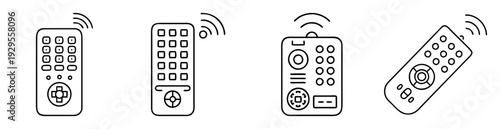Four stylized black and white remote control icons emitting radio waves
