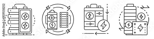 Diverse illustrations of energy storage solutions showcasing batteries and power flow
