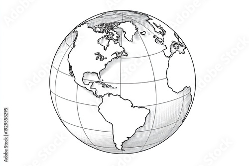 Black and white line drawing of a globe showing North and South America