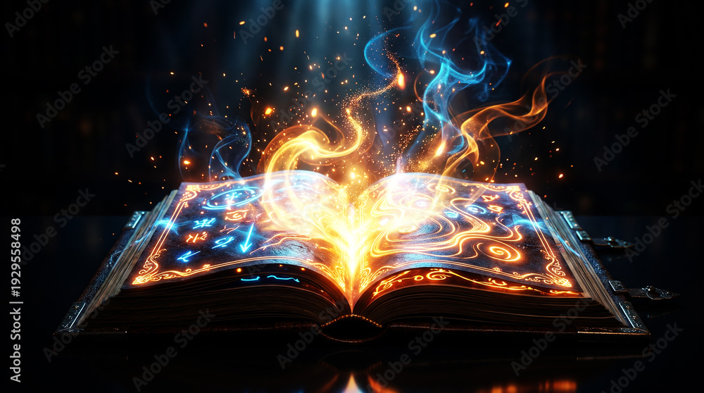 Obraz premium Magic Open Book with Glowing Light and Fire Energy Fantasy Concept