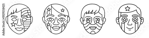 Four stylized faces with creative face painting designs, all in black outline