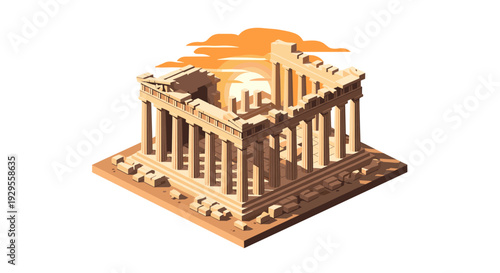 ancient greek temple ruins with sunset backdrop isometric hand drawn vector illustration
