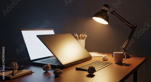 A laptop on a wooden desk is lit by a desk lamp in a dark room at night with office supplies