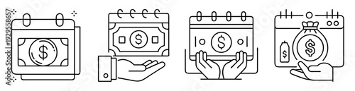 Linear icons showing calendar, dollar bill and money bag for financial planning