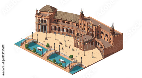 isometric illustration of a historical plaza with arched building bridges and water canals in detailed architectural style