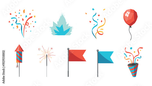 celebration elements set with confetti fireworks balloon hand drawn style