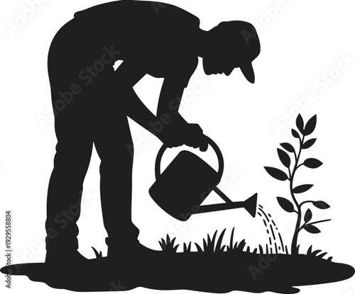 Black silhouette illustration of person watering plant with hat and casual clothing, gardening, sustainability, environmental care, and nurturing nature growth concept design
