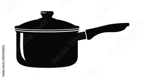 A stark black silhouette of a standard saucepan with a handle and lid representing kitchenware silhouette high quality professional