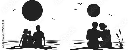 Silhouette family and couple sitting by water, sun and birds nature scene, tranquil togetherness vector illustration, artistic design isolated black figure composition