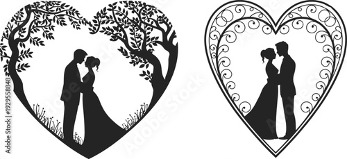 Silhouette of romantic couple inside heart frames, one with natural tree branches and grass, another with ornate decorative swirls, black and white love design