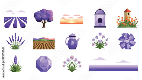 collection of lavender farm elements and flowers in geometric flat style for nature and agriculture design