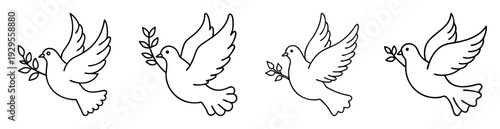 Four white doves holding olive branches in their beaks, black line drawing