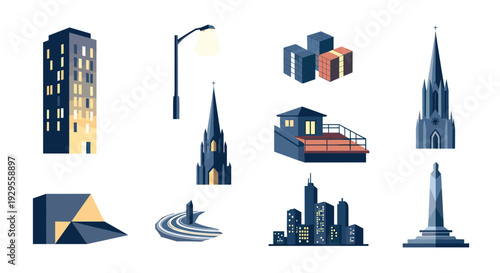 collection of modern urban buildings landmarks and infrastructure in flat design