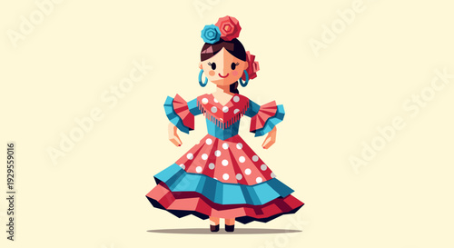 colorful flamenco dancer woman in traditional dress with flowers hand drawn illustration
