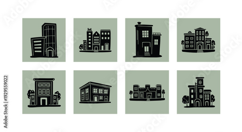 Collection of black building silhouettes on gray.