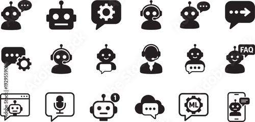 Chatbot icon set, AI assistant, messaging, conversation, communication, technology, vector eps