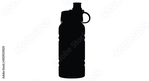 A striking black silhouette of a reusable water bottle against a clean white background representing hydration and fitness silhouette