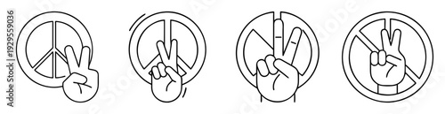 Four line art peace symbols with hands showing a peace gesture