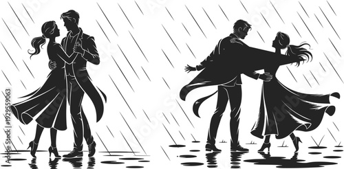 Romantic black and white silhouette of two couples dancing in the rain, embracing and moving gracefully, with reflections, puddles, and dramatic atmosphere in artistic design