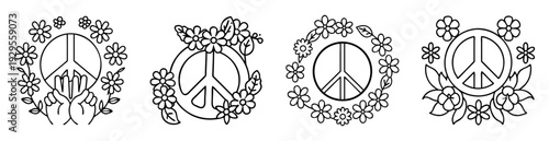 A Collection of Stylized Peace Signs Surrounded by Flowers in Line Art