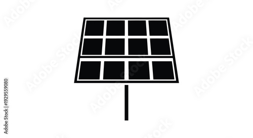 A black and white graphic representation of a solar panel array showcasing geometric shapes and a stark silhouette