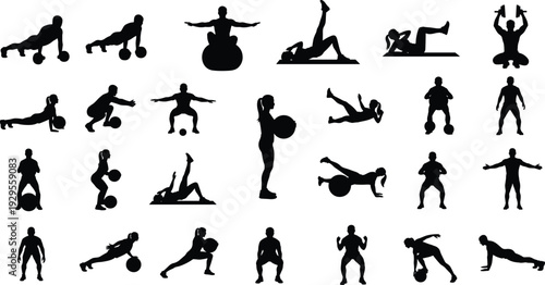 Fitness silhouette collection, men and women workout poses with gym ball and dumbbells, strength training set, flat vector illustration