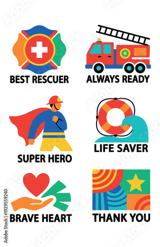 Set of cute flat vector stickers for rescuer firefighter and lifesaver heroes