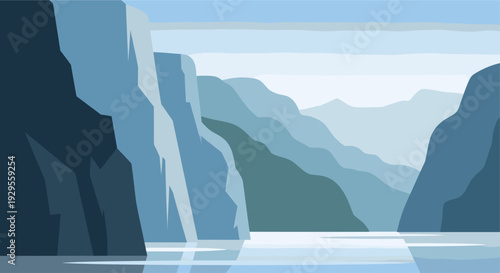 A tranquil landscape featuring layered blue mountains reflected in calm water, evokes a sense of peace and natural beauty, suitable for travel or relaxation concepts.