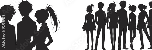 Black silhouette illustration of anime-style characters in two groups, diverse poses and hairstyles, artistic representation of individuality, social dynamics, and narrative connection concept