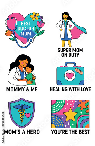Set of cute flat vector stickers of mom as a doctor and medical hero