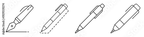 Outlined drawing featuring four different types of pens used for writing