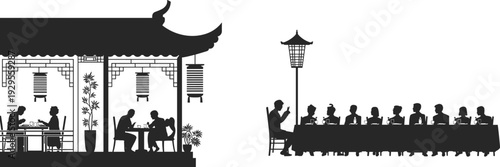 Silhouette of Asian‑style dining scenes, one with small outdoor restaurant tables and lanterns, another with long communal table, black and white cultural design