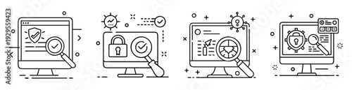 A set of icons depicting cybersecurity analysis and data security protocols