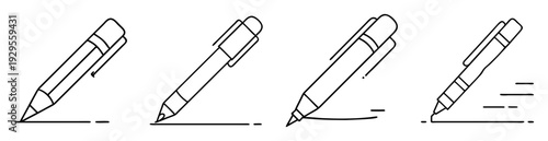 Four minimalistic pens in various writing positions with black outlines on white